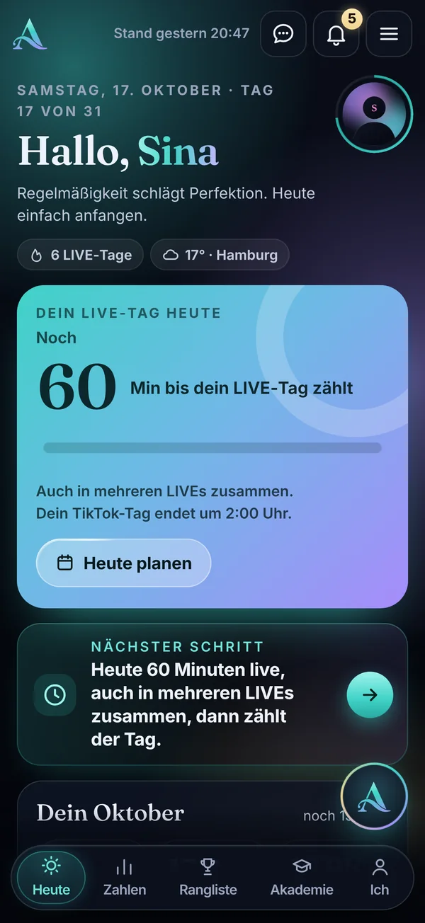 Aura Portal, Startseite Heute: Noch 60 Minuten bis der LIVE-Tag zählt